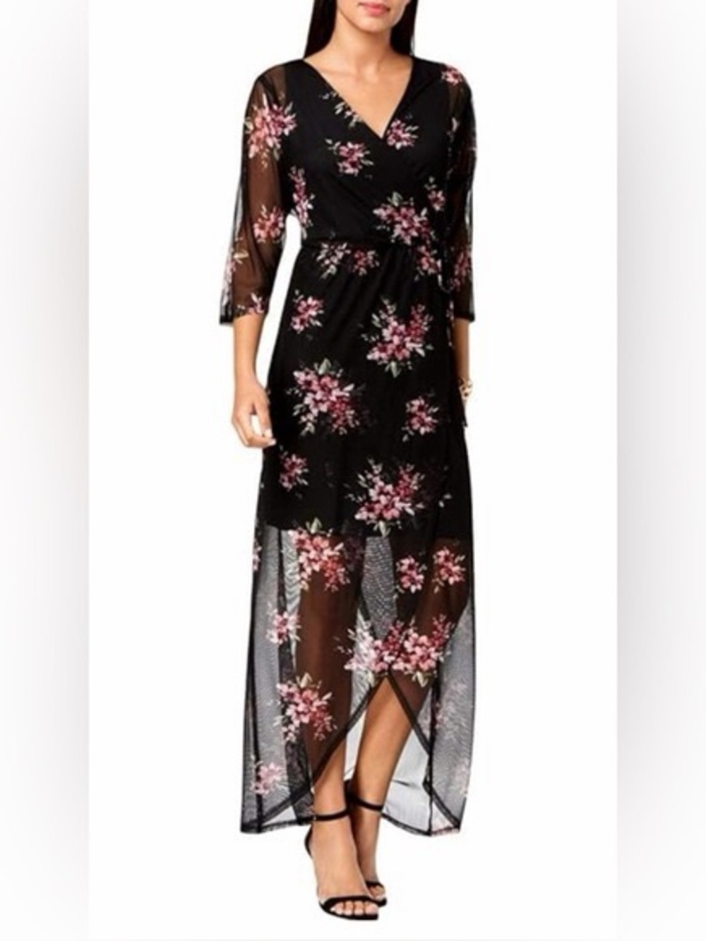 Black Maxi Wrap Dress with Pink Floral Print 10